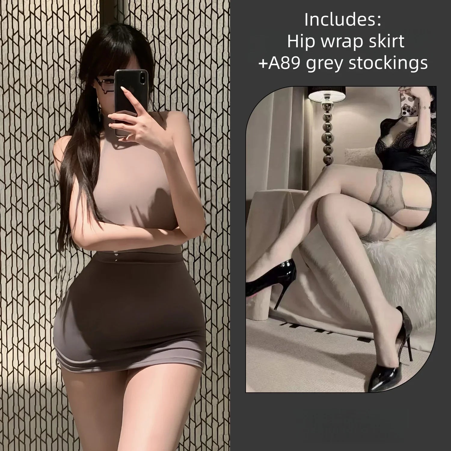 Slit Bodycon Dress Backless Temptation Lingerie Seductive Secretary Ribbon Hip Hugging Skirt Uniform Pajama Set
