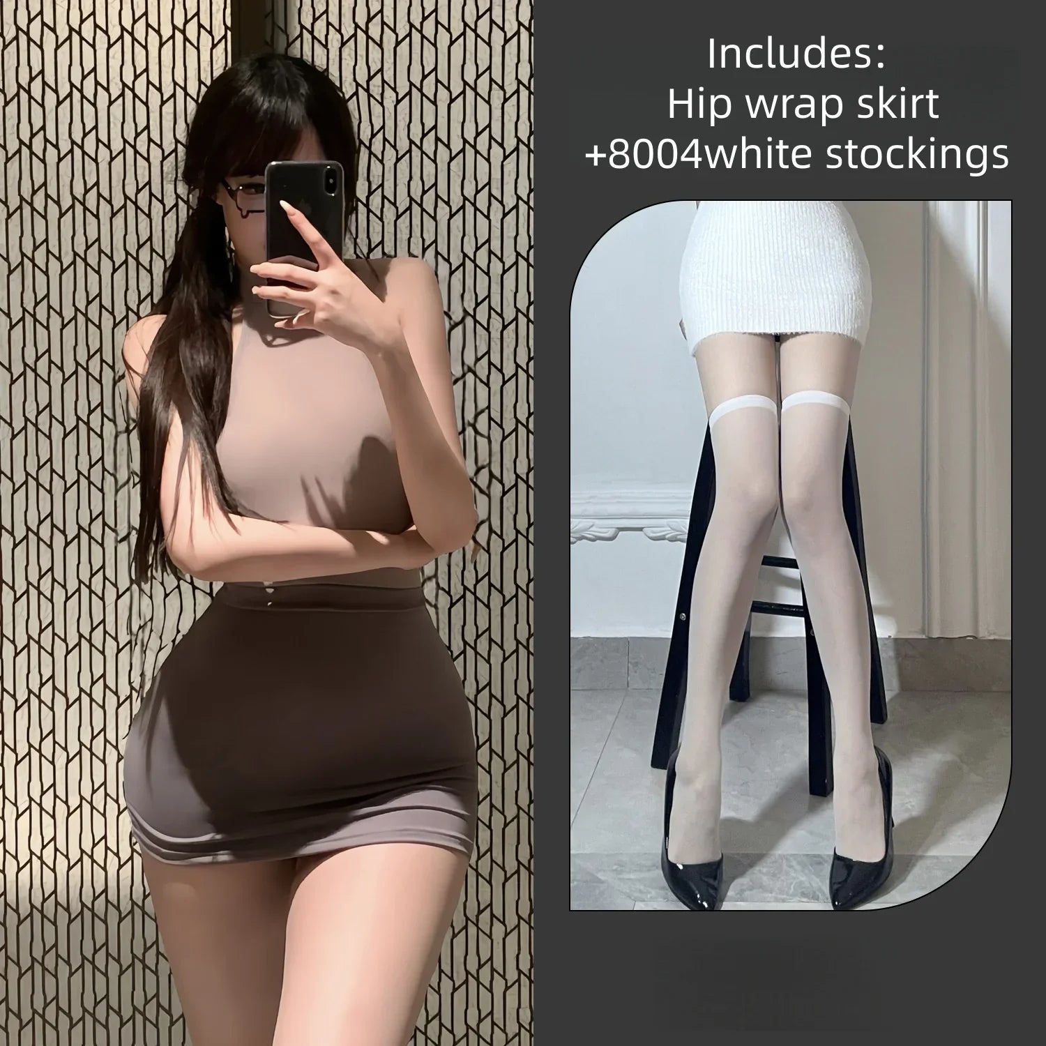 Slit Bodycon Dress Backless Temptation Lingerie Seductive Secretary Ribbon Hip Hugging Skirt Uniform Pajama Set