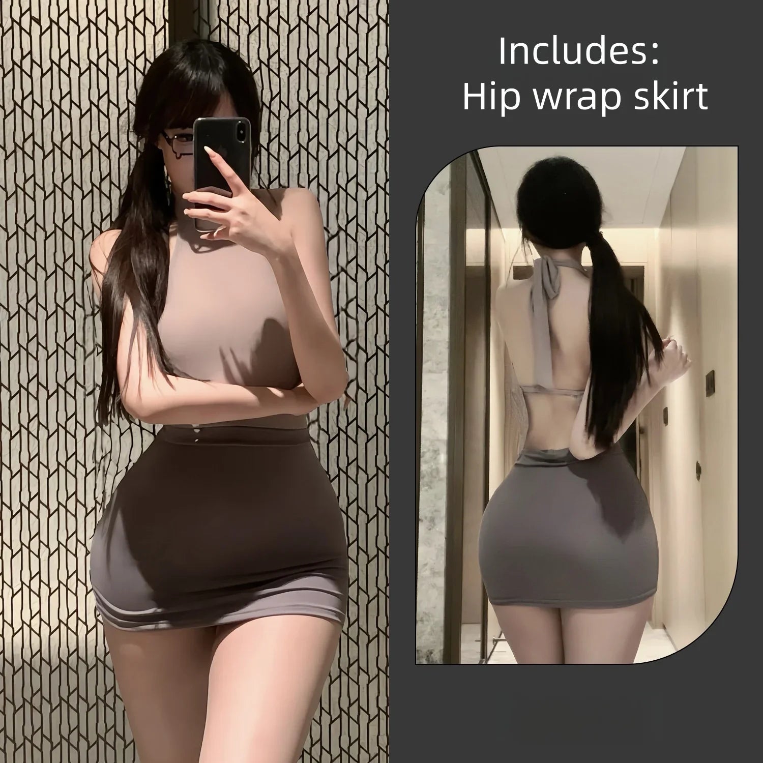 Slit Bodycon Dress Backless Temptation Lingerie Seductive Secretary Ribbon Hip Hugging Skirt Uniform Pajama Set