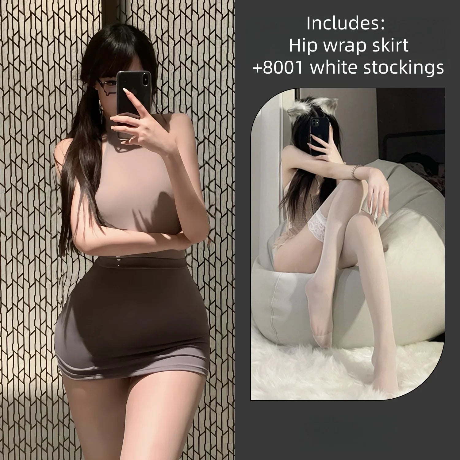 Slit Bodycon Dress Backless Temptation Lingerie Seductive Secretary Ribbon Hip Hugging Skirt Uniform Pajama Set