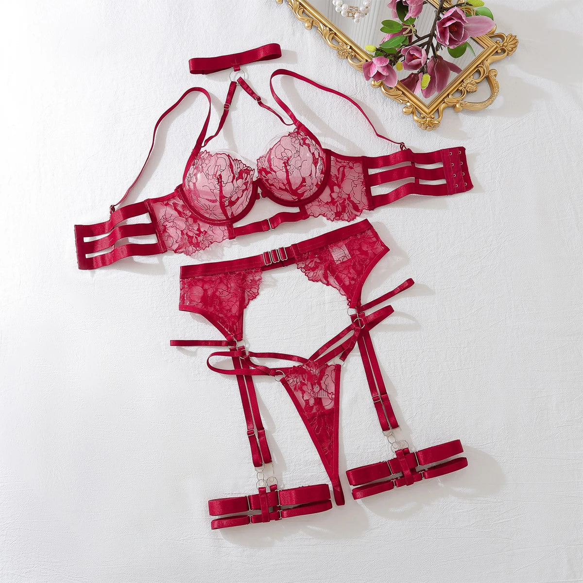 Womens Underwear Embroidered Bra and Summer Underwear 4-piece Set Comfortable Underwear