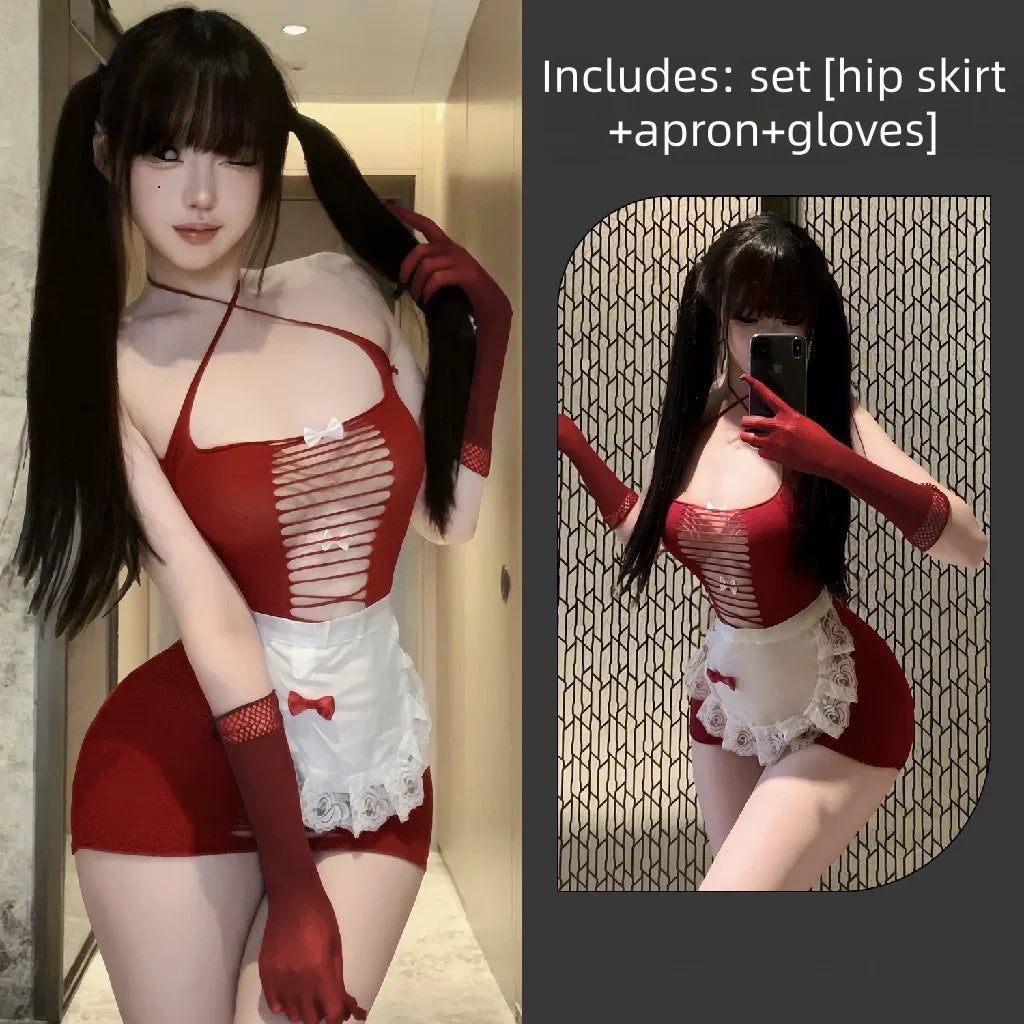 Wrapped Hip Skirt Flirtatious Lingerie Tearable Maid Mesh Suit Uniform Set Perspective Flirtatious Open File Tempting