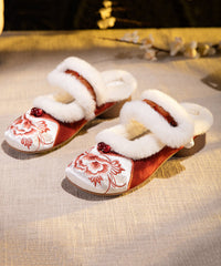 Red Slippers Shoes Embroidery Fuzzy Wool Lined