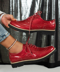 Red Hollow Out Lace Up Faux Leather Flats Shoes