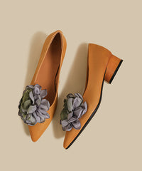 Brown Flower Cowhide Leather Chunky Heel Shoes