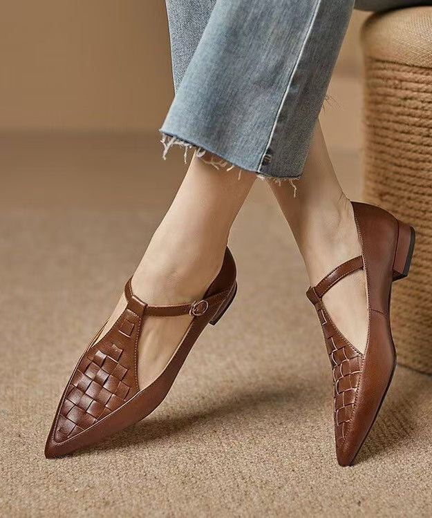 Black Cowhide Leather Hollow Out Flat Feet Shoes Pointed Toe