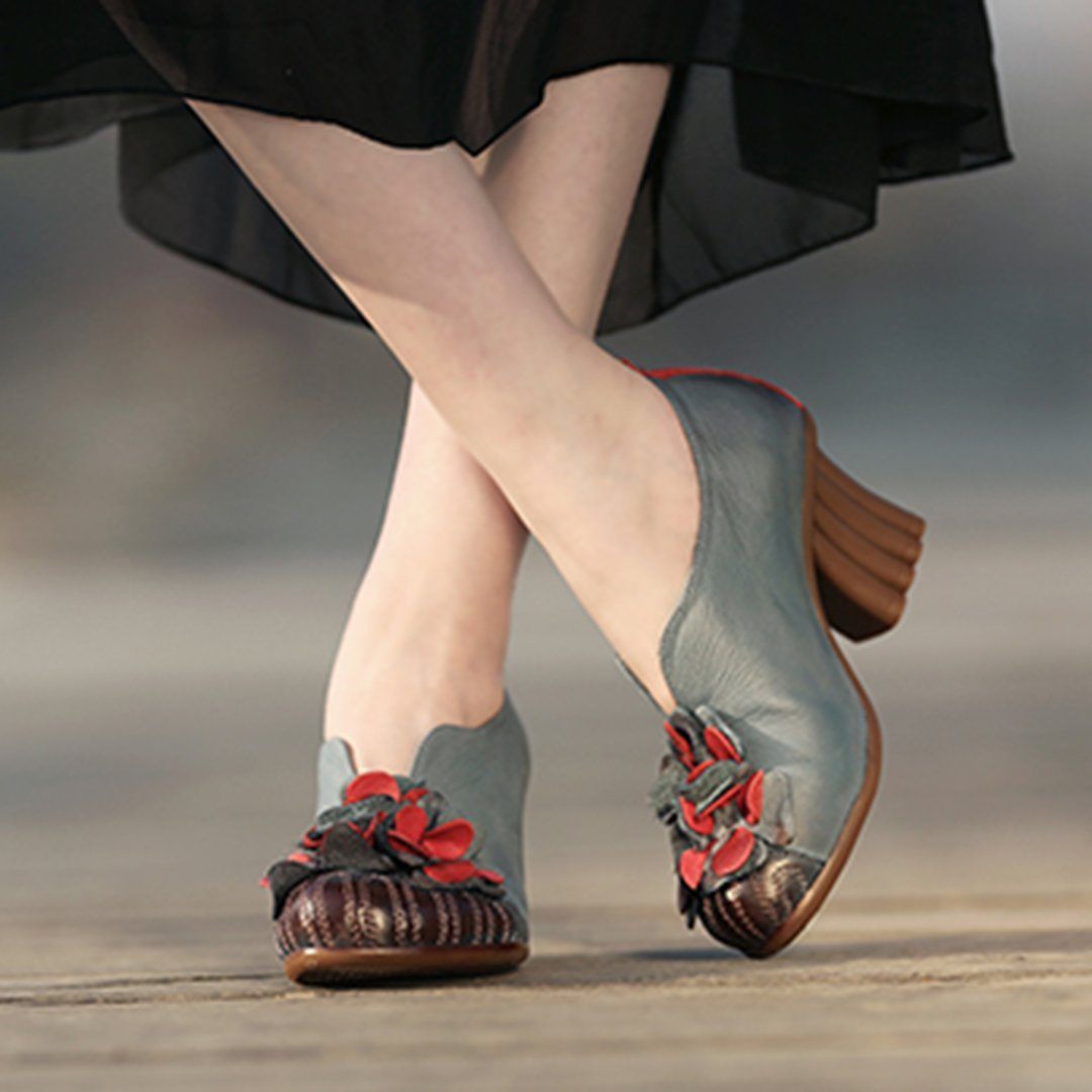 Cozy Flowers Leather Handmade Chunky Heels Comfy Shoes