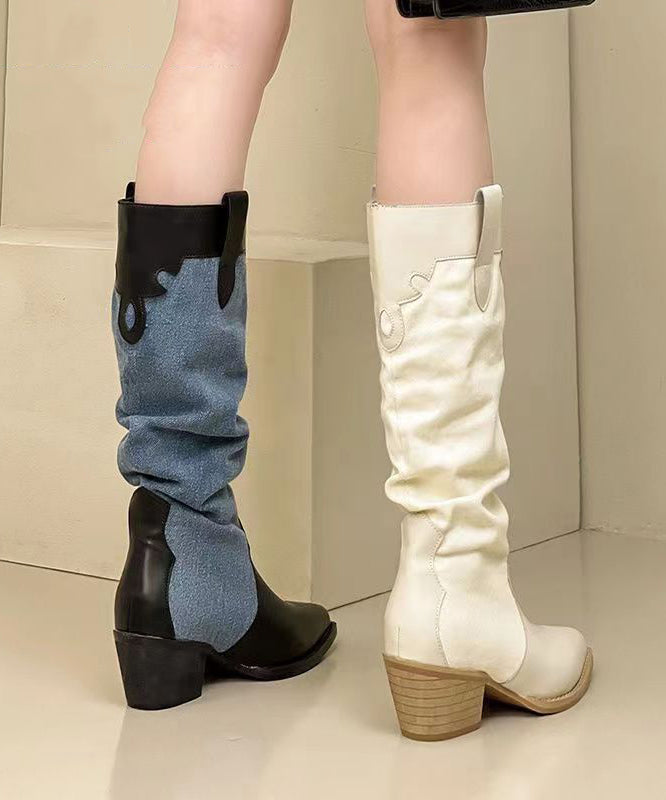Black Long Boots Splicing Chunky Pointed Toe