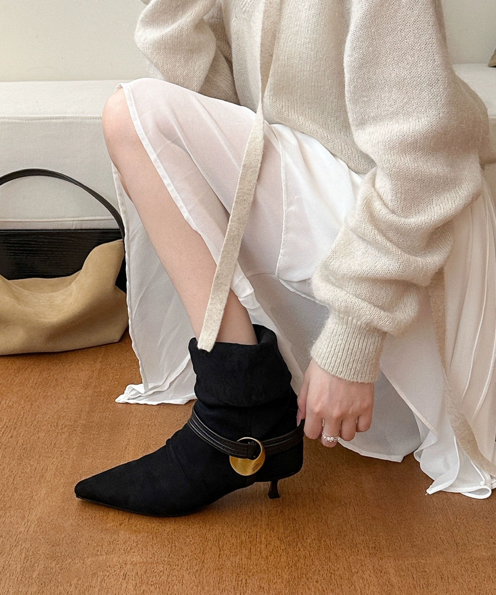 Chic Splicing High Heel Boots Black Suede Pointed Toe