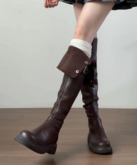 New Versatile Brown Faux Leather Splicing Knee Boots