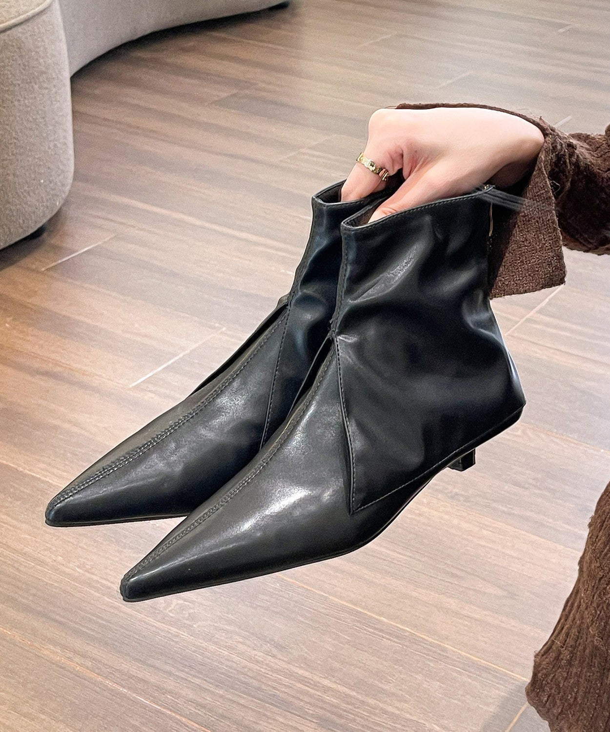 Splicing Ankle Boots Khaki Faux Leather Pointed Toe