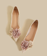 Apricot Lace Floral Flat Feet Shoes Splicing Pointed Toe
