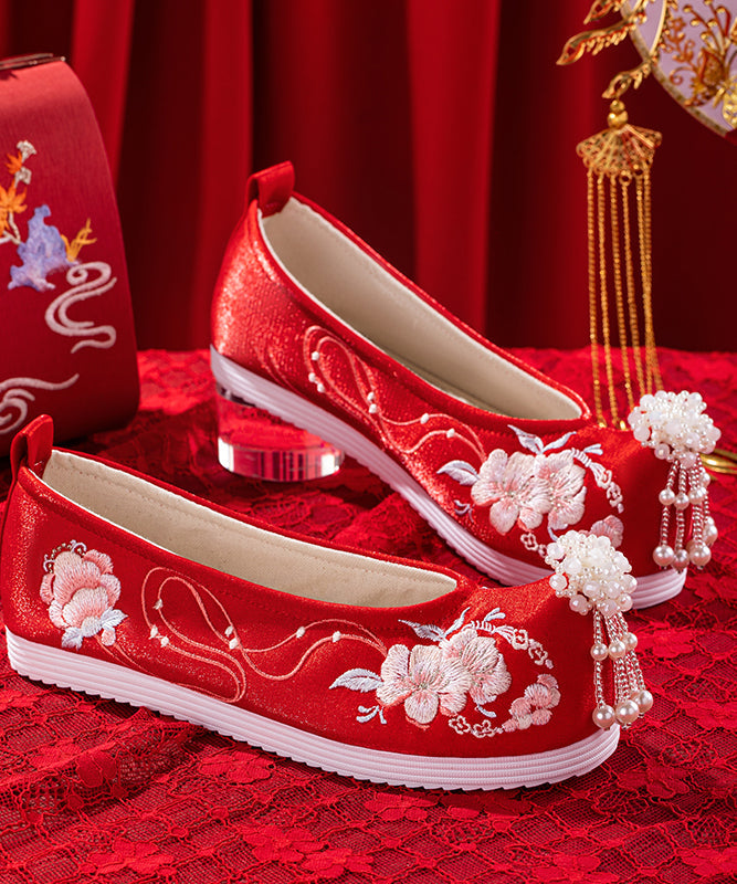 Wedding Flat Shoes For Red Embroideried Cotton Fabric