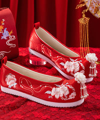 Wedding Flat Shoes For Red Embroideried Cotton Fabric