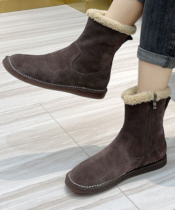 Chocolate Fuzzy Wool Lined Boots Cowhide Leather Zippered Boots