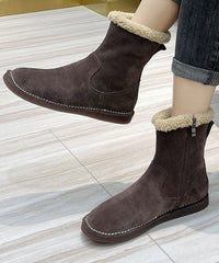 Chocolate Fuzzy Wool Lined Boots Cowhide Leather Zippered Boots