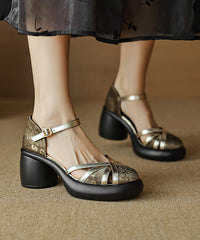 Black Cowhide Leather Chunky Heel Splicing Buckle Strap Sandals