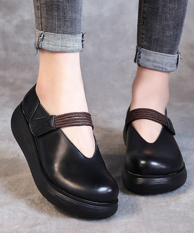 Buckle Strap High Wedge Heels Shoes Black Cowhide Leather