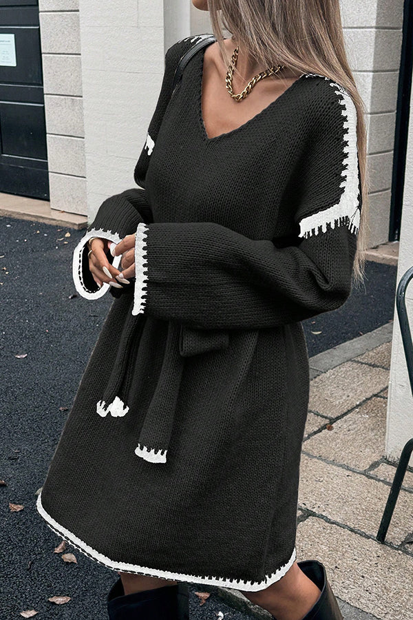 Loose-fitting Long-sleeved Tie-waist Knit Mini Dress