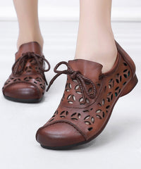 Brown Flat Shoes Cowhide Leather Hollow Out Lace Up Flat Shoes