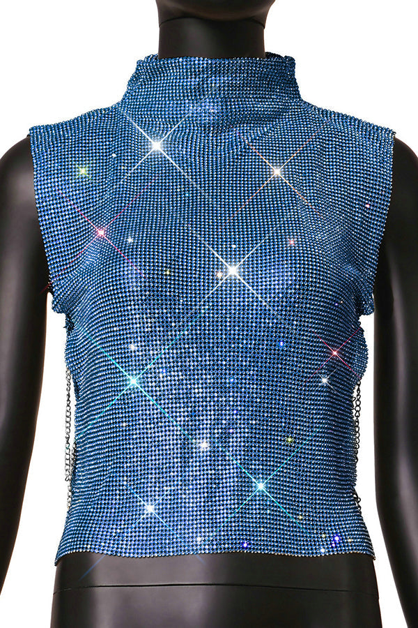 High-neck Rhinestone Metallic Top
