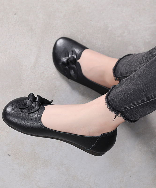 Black Bow Flat Shoes For Handmade Cowhide Leather Flat Shoes