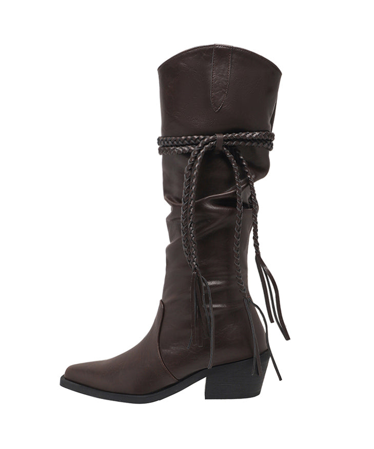 Wrinkled Tassel Splicing Chunky Boots Brown Faux Leather