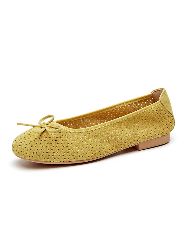 Yellow Flat Shoes Faux Leather Bow Comfy Hollow Out