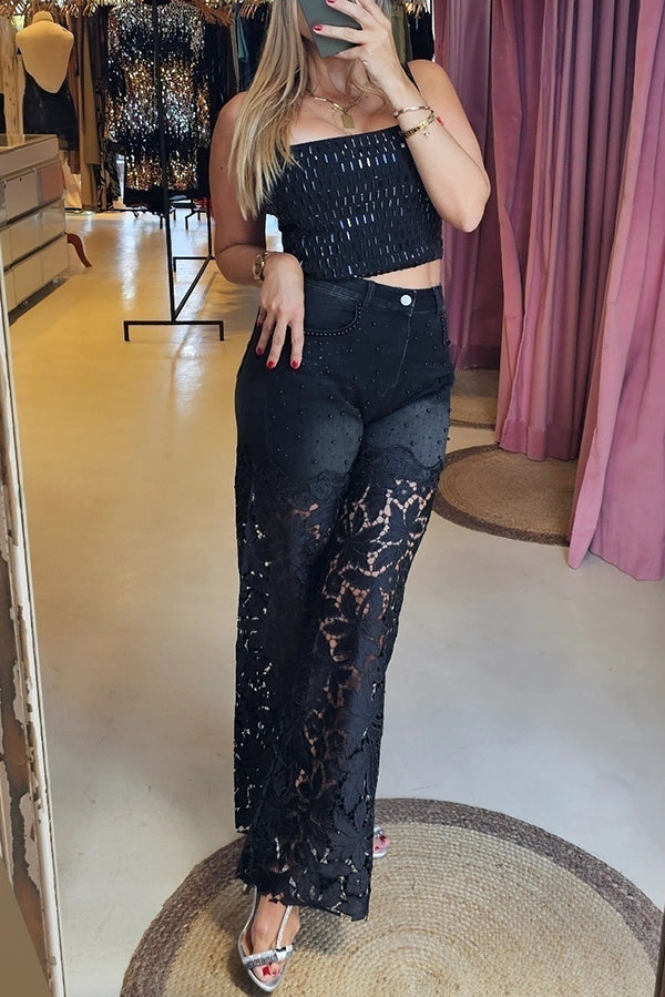 Openwork Lace Patchwork Wide-leg Jeans