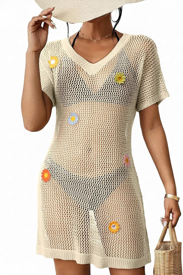 Floral-decorated V-neck Short-sleeved Crochet Cover-up Vacation Mini Dress