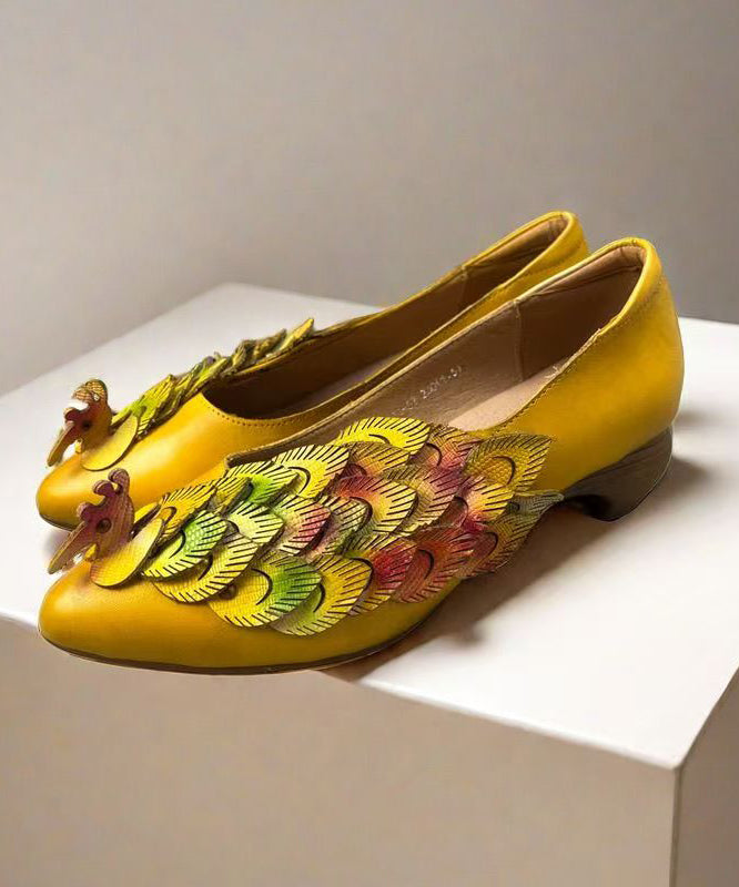 Retro Ethnic Style Yellow Pointed Toe Cowhide Leather Shoes