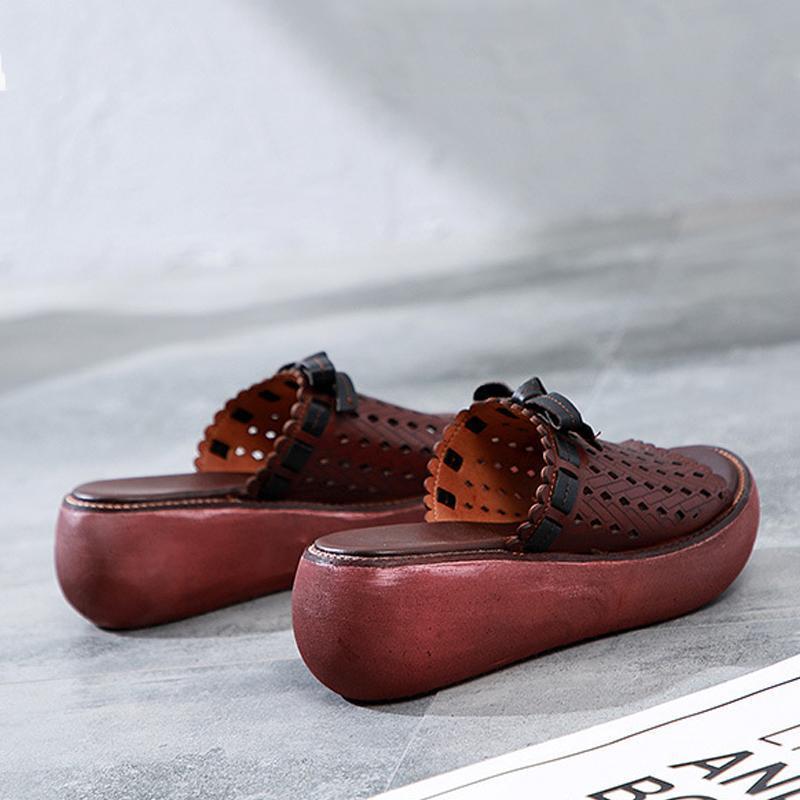 Leather Vintage Hollow Out Wedge Casual Slippers