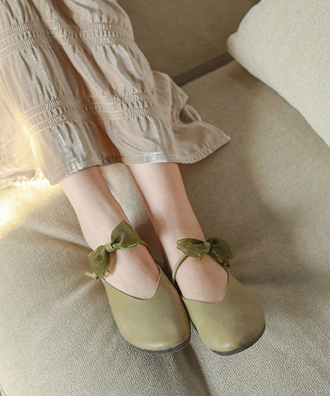 Green Flats Cowhide Leather Bow Buckle Strap Flats