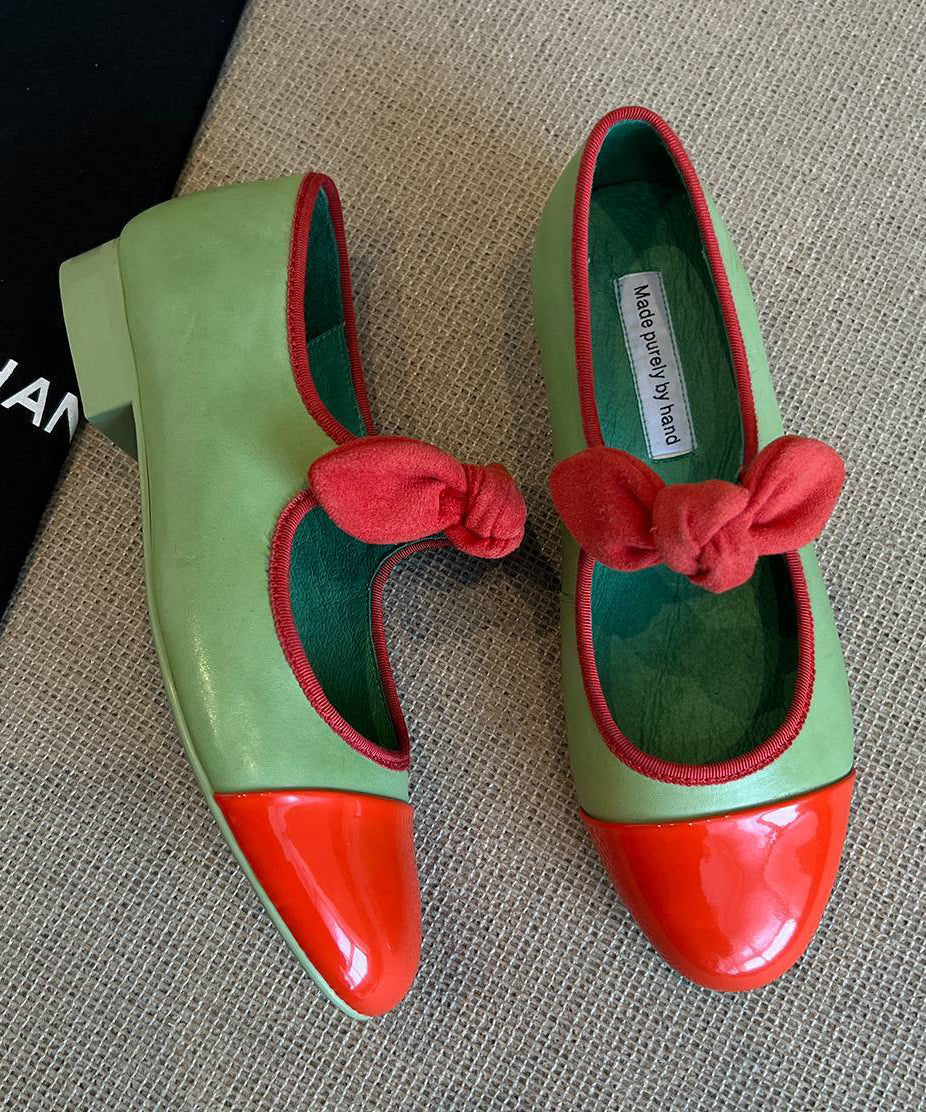 Boutique Bow Splicing Flat Feet Shoes Green Cowhide Leather