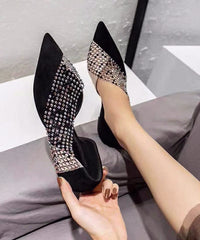 Black Pointed Toe Tulle Zircon Flat Shoes For