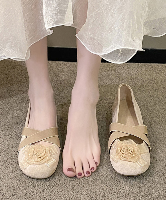 Apricot Cross Strap Floral Splicing Suede Flat Feet Shoes