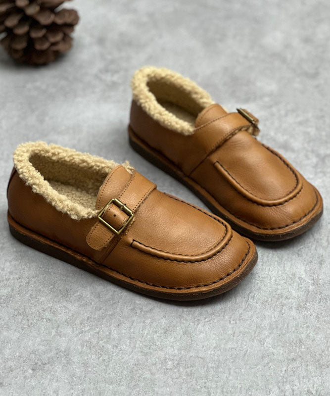 Chocolate Flat Shoes For Cowhide Leather Casual Fuzzy Wool Lined Flat Shoes For Women
