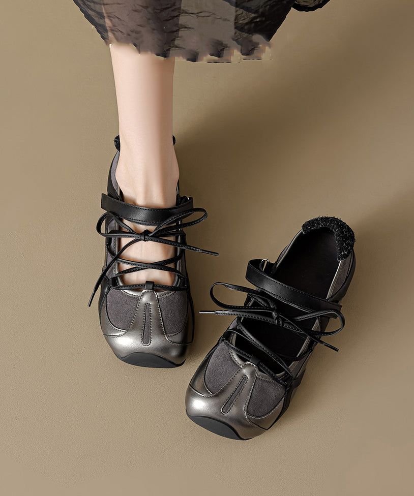 Splicing Platform Flat Shoes Black Cowhide Leather Lace Up