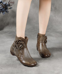 Zippered Splicing Floral Wedge Boots Camel Cowhide Leather