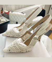 French White Embroidered Lace High Heeled Sandals