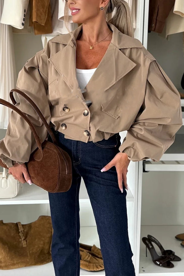 Style Button Long Balloon Sleeve Pocket Lapel Casual Bomber Jacket