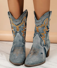 French Pointed Toe Fabric Boots Cowboy Boots Embossed Blue