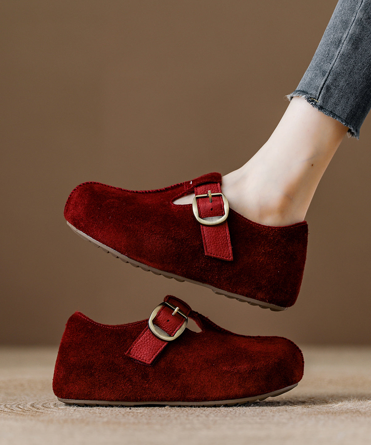 Splicing Platform Flat Shoes Red Suede Fuzzy Wool Lined