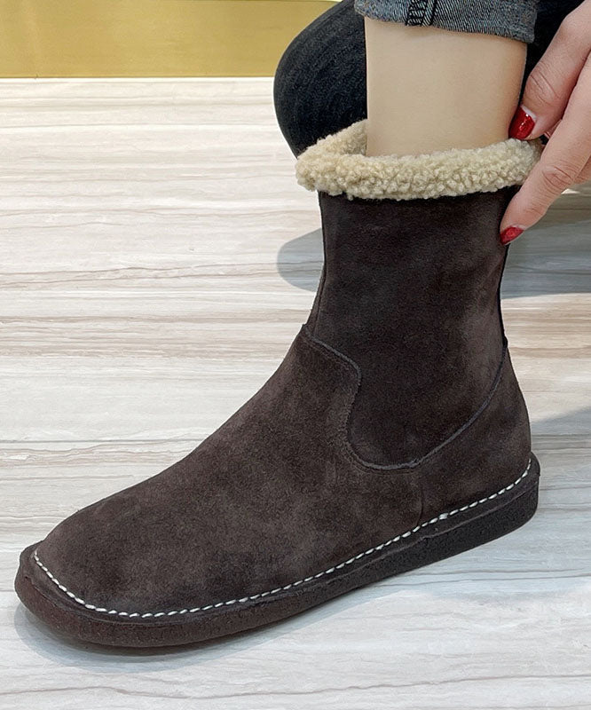 Chocolate Fuzzy Wool Lined Boots Cowhide Leather Zippered Boots