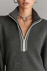Loose-fitting Long-sleeved Collared Zip-up Casual Knitted Mini Dress