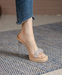 Beige Chunky Clear High Heel Slippers Peep Toe Platform Heels