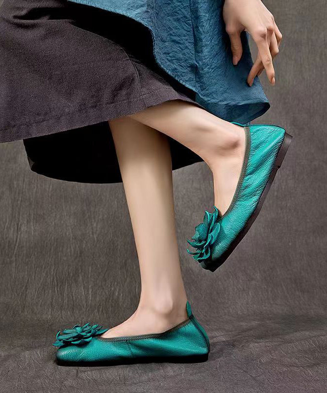 Rose Handmade Cowhide Leather Floral  Flat Shoes For Women