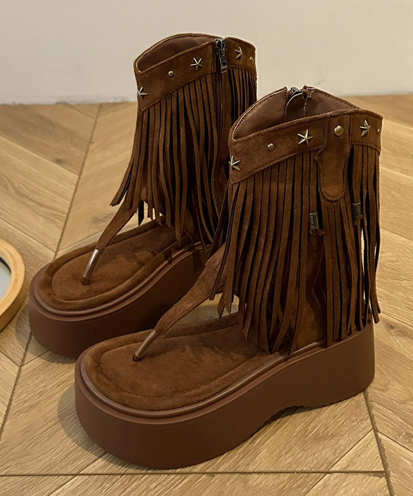 Brown Platform Rivet Tassel Roman Thong Sandals