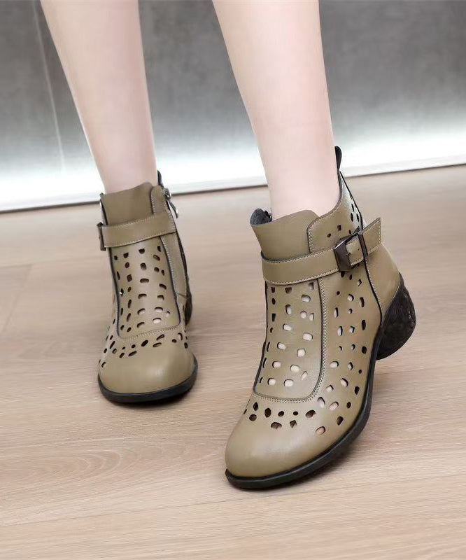 Black Cowhide Leather Hollow Out Splicing Chunky Boots