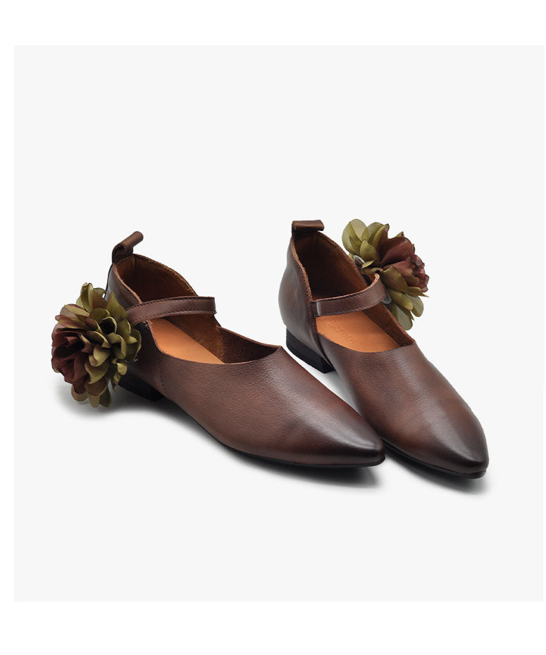 Coffee Flat Shoes For Buckle Strap Splicing Floral
